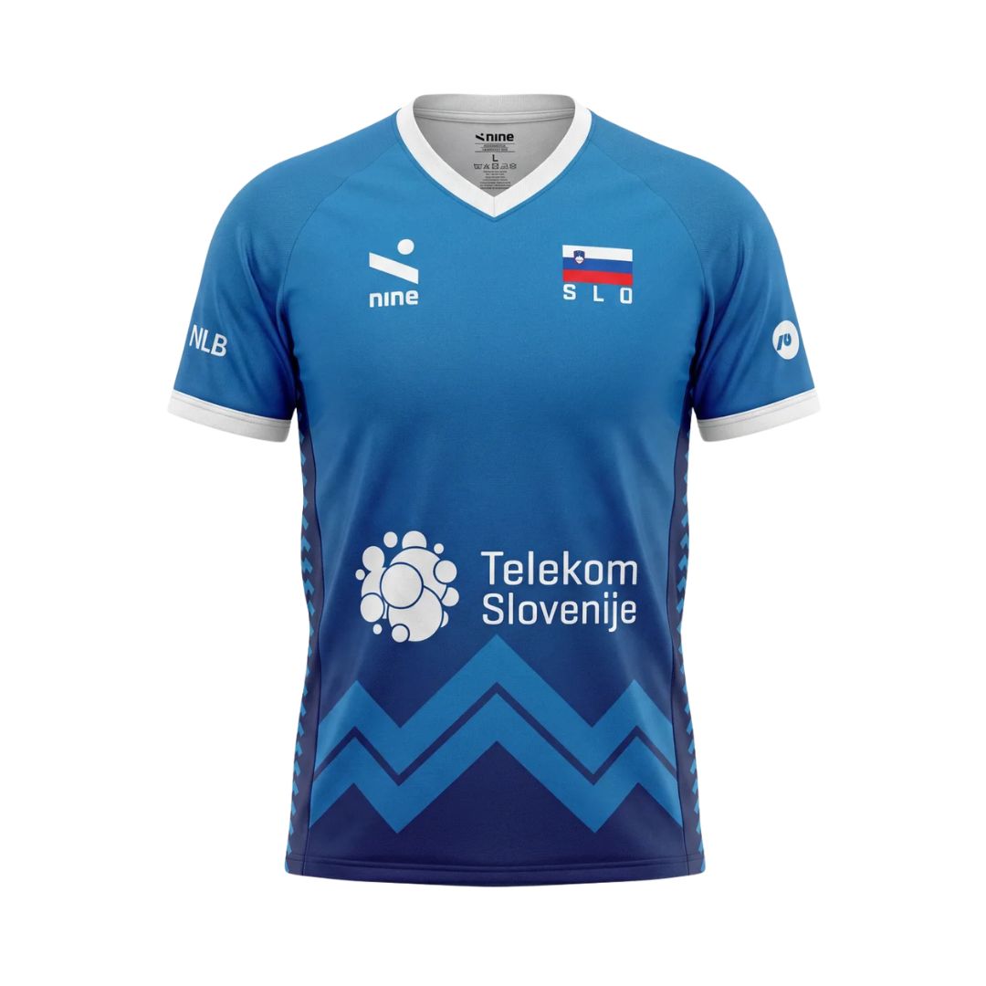 Dres VNL 2026 original, modra odbojkarska majica z značilnim dizajnom Ninesquared.