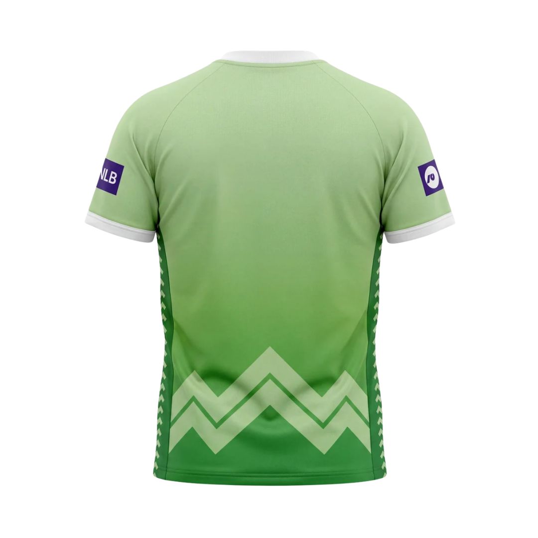 Dres VNL 2026 original z značilnim dizajnom Ninesquared, zelen odbojkarski dres z vzorcem.